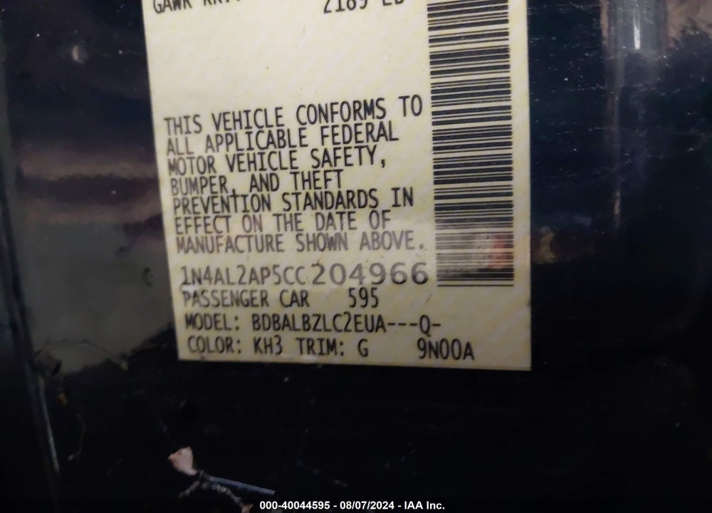 2012 NISSAN ALTIMA 2.5 S VIN: 1N4AL2AP5CC204966