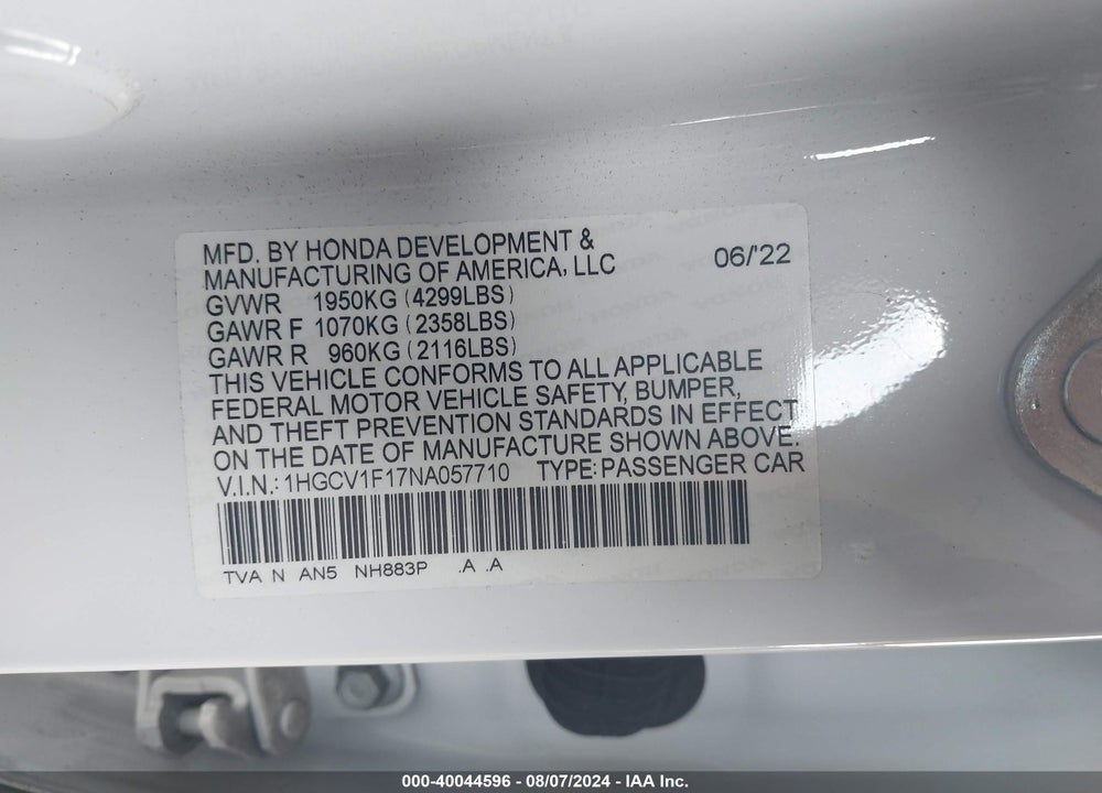 2022 HONDA ACCORD VIN: 1HGCV1F17NA057710