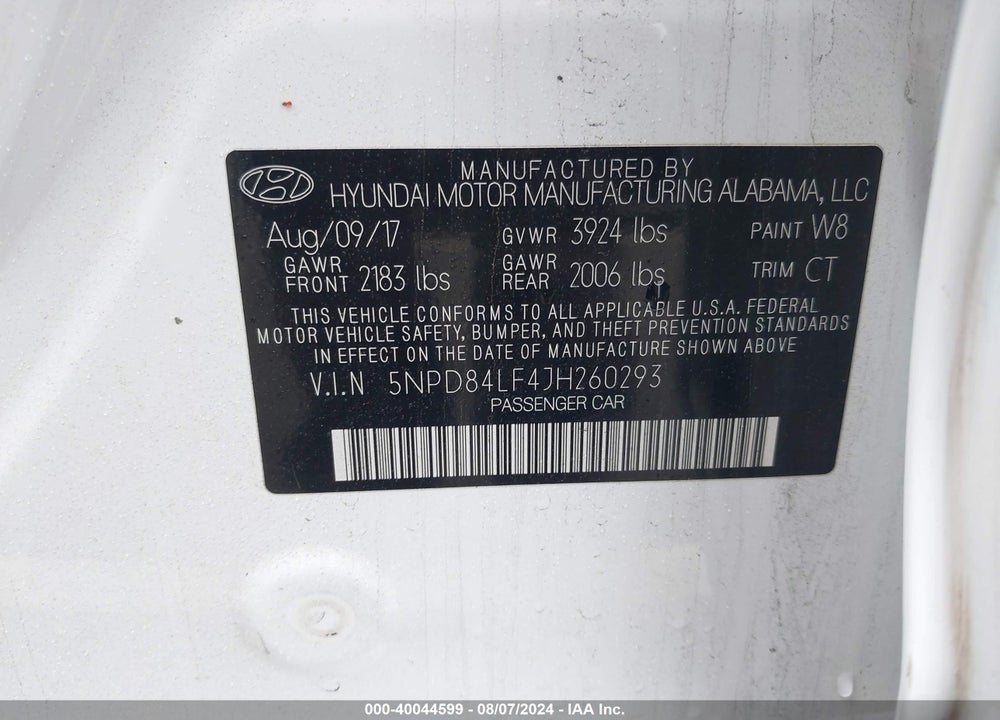 2018 HYUNDAI ELANTRA SEL VIN: 5NPD84LF4JH260293