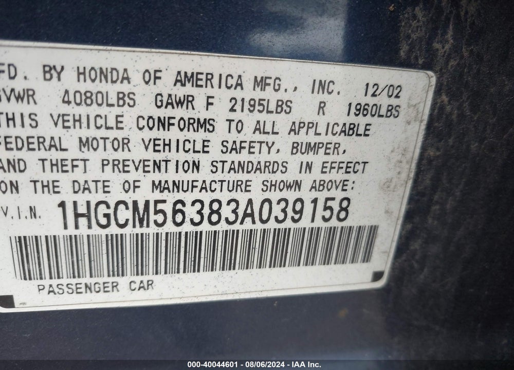 2003 HONDA ACCORD 2.4 LX VIN: 1HGCM56383A039158