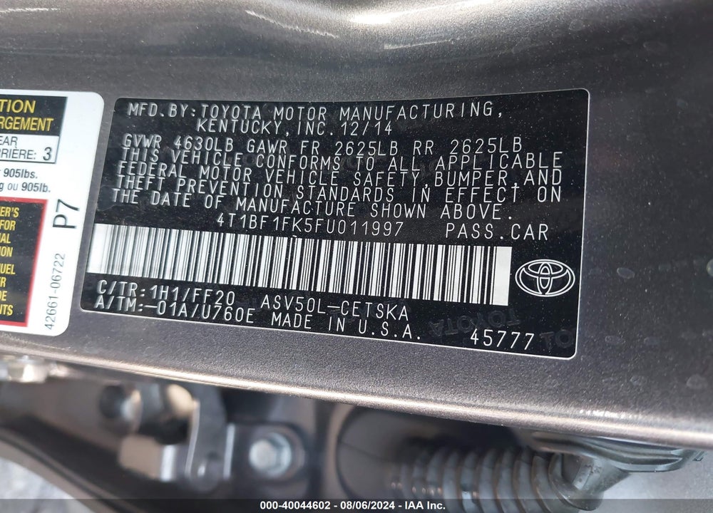 2015 TOYOTA CAMRY SE VIN: 4T1BF1FK5FU011997