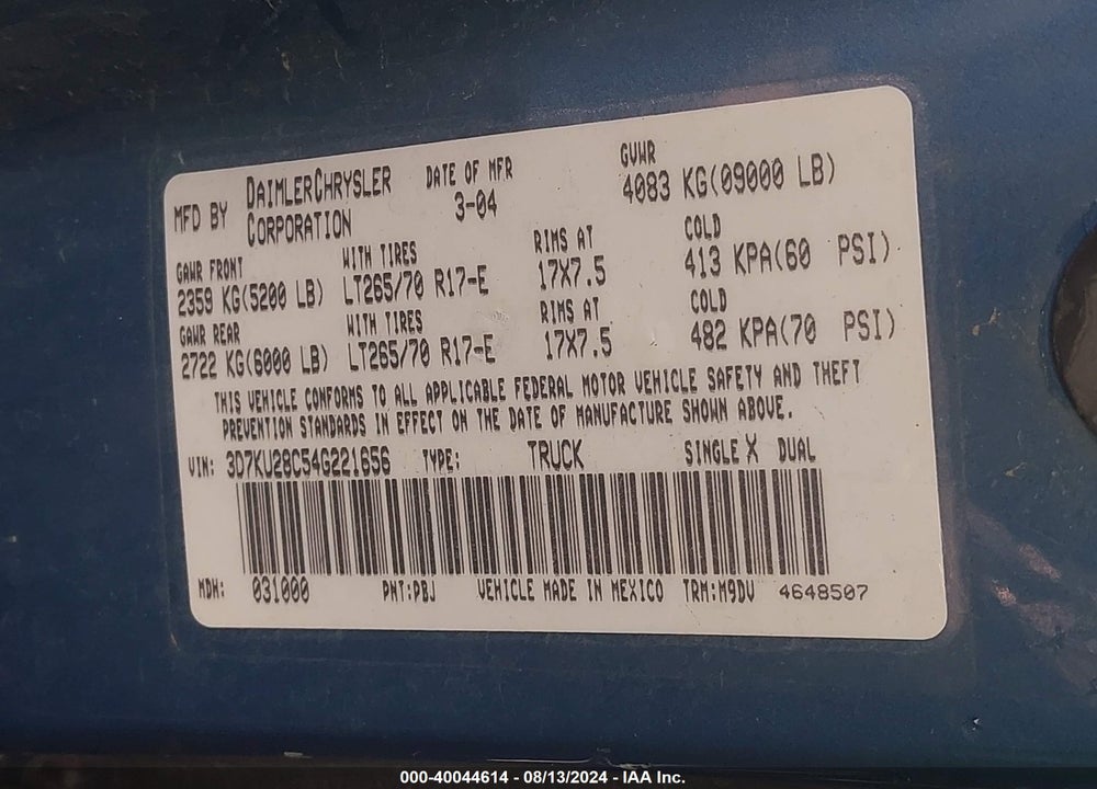 2004 DODGE RAM 2500 SLT/LARAMIE VIN: 3D7KU28C54G221656