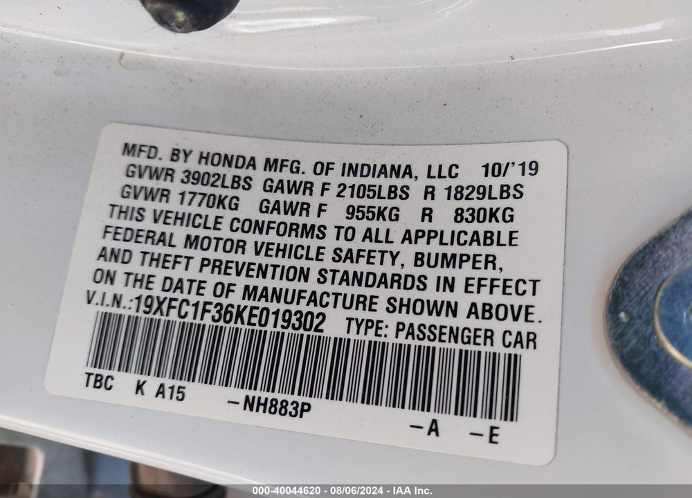 2019 HONDA CIVIC EX VIN: 19XFC1F36KE019302