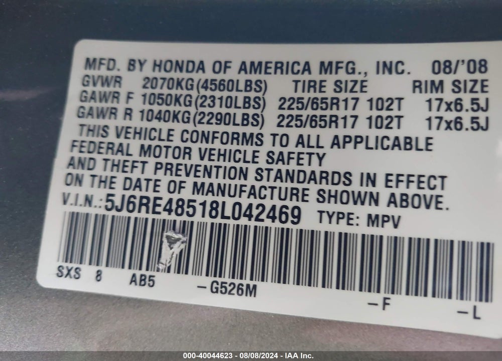 2008 HONDA CR-V EX VIN: 5J6RE48518L042469