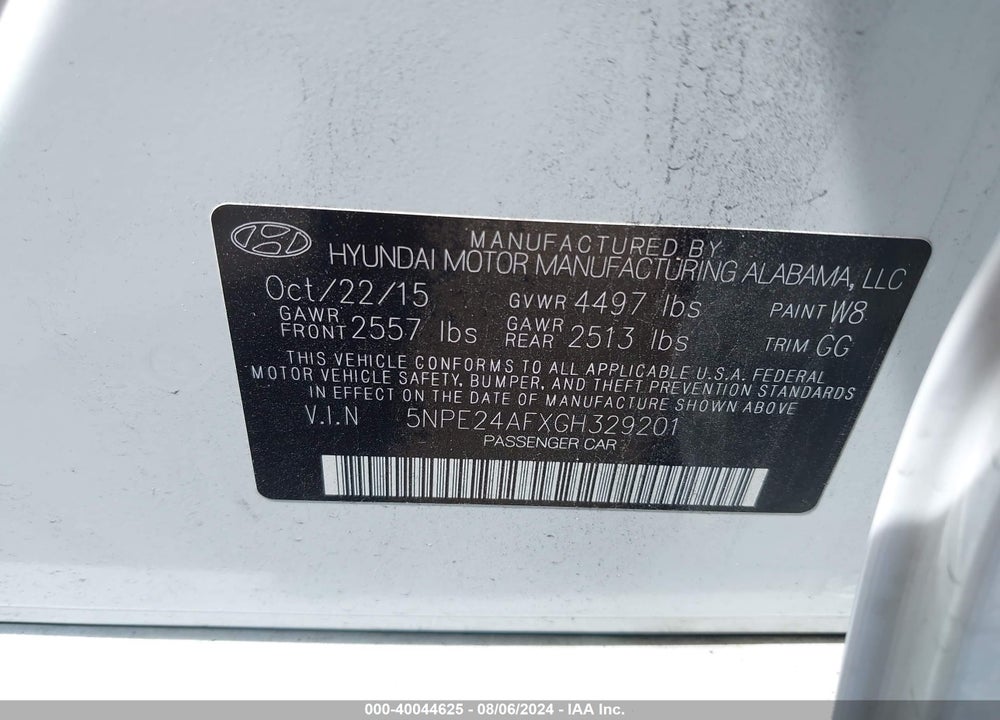 2016 HYUNDAI SONATA SE VIN: 5NPE24AFXGH329201