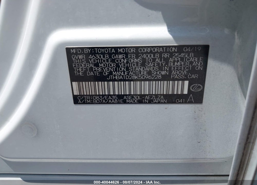 2019 LEXUS IS 300 VIN: JTHBA1D28K5096228