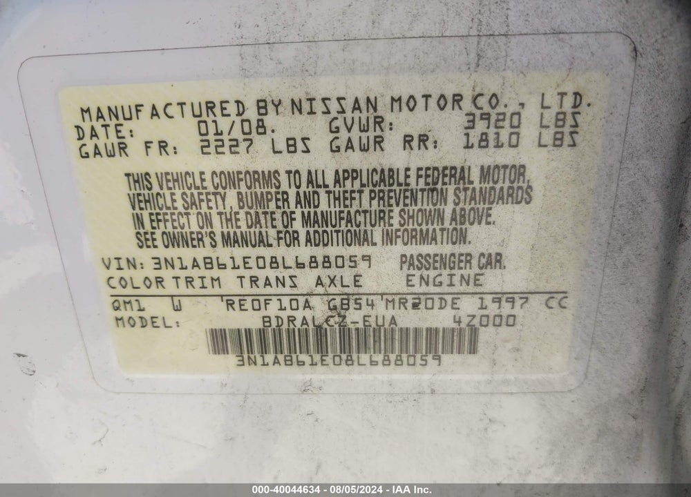2008 NISSAN SENTRA 2.0 VIN: 3N1AB61E08L688059