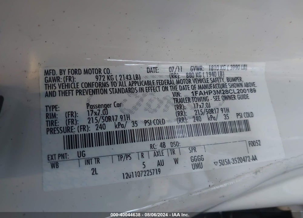 2012 FORD FOCUS SEL VIN: 1FAHP3M28CL200189