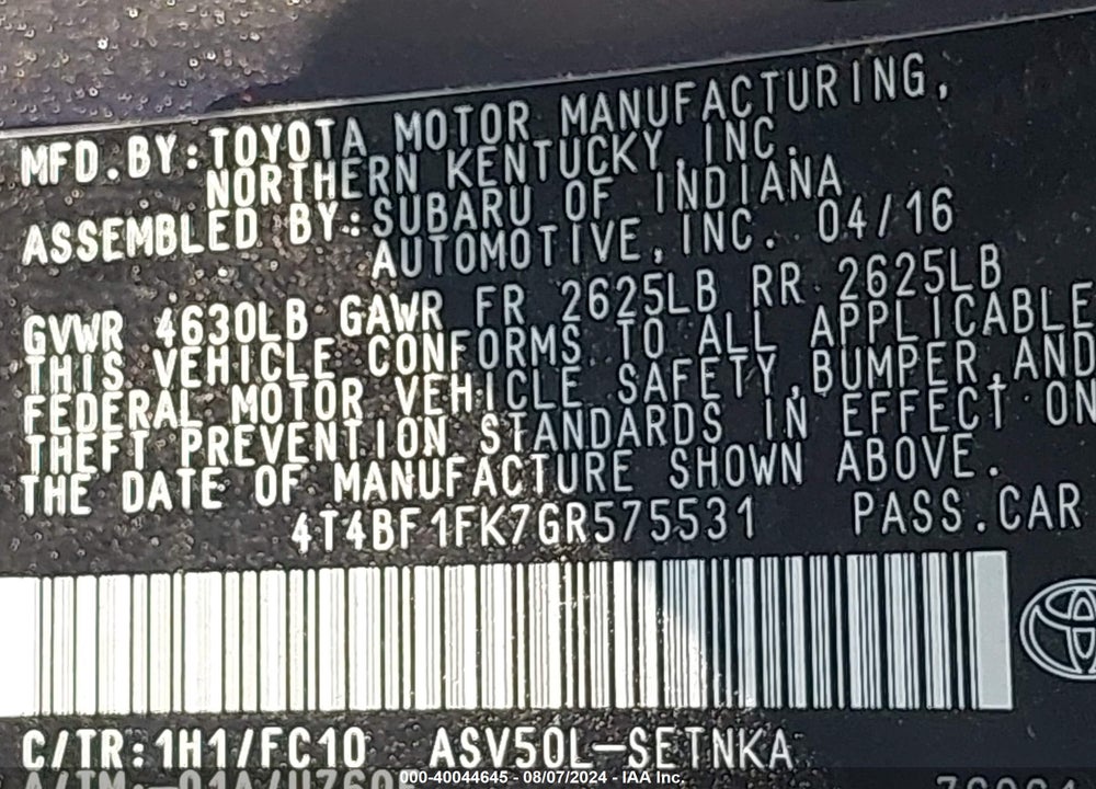 2016 TOYOTA CAMRY LE VIN: 4T4BF1FK7GR575531