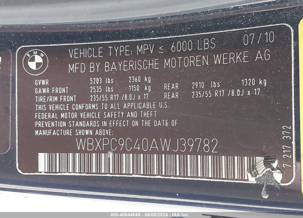 2010 BMW X3 XDRIVE30I VIN: WBXPC9C40AWJ39782