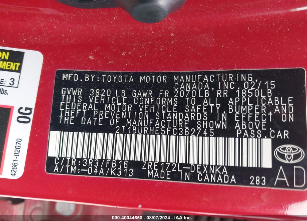 2015 TOYOTA COROLLA LE VIN: 2T1BURHE5FC362745
