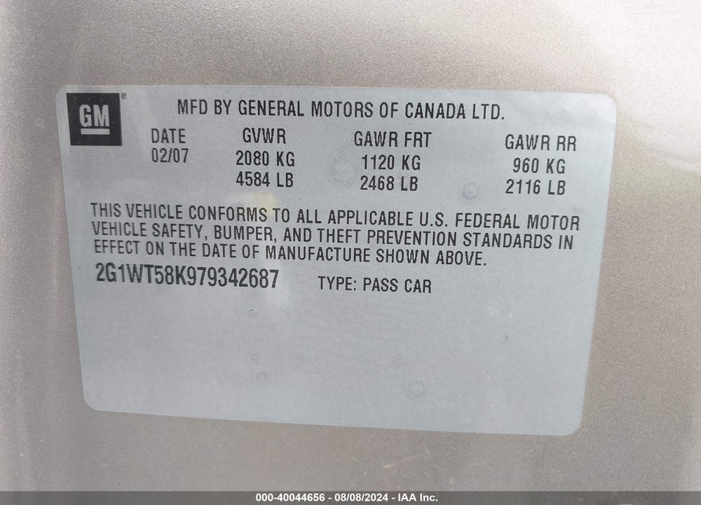 2007 CHEVROLET IMPALA LT VIN: 2G1WT58K979342687