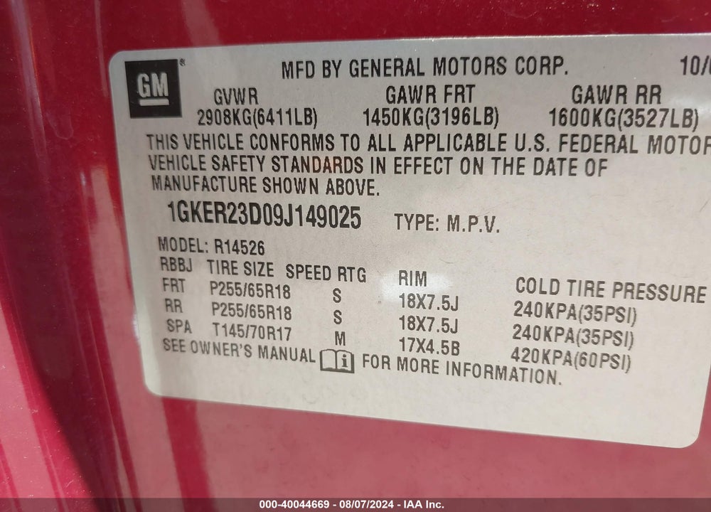 2009 GMC ACADIA SLT-1 VIN: 1GKER23D09J149025