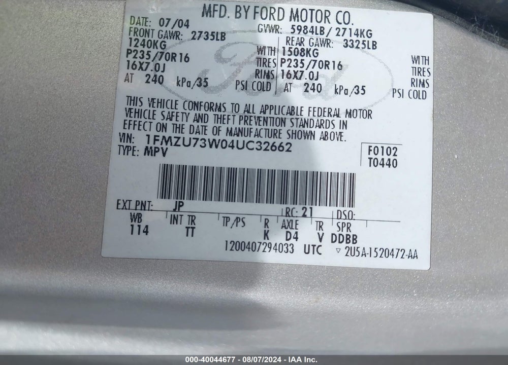 2004 FORD EXPLORER NBX/XLT VIN: 1FMZU73W04UC32662