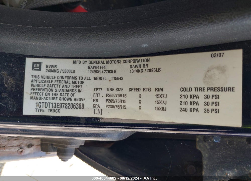 2007 GMC CANYON SLE2 VIN: 1GTDT13E978206368