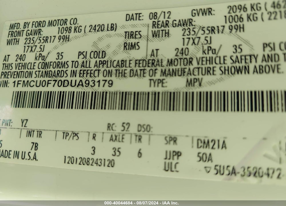 2013 FORD ESCAPE VIN: 1FMCU0F70DUA93179