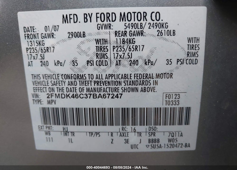 2007 FORD EDGE SE VIN: 2FMDK46C37BA67247