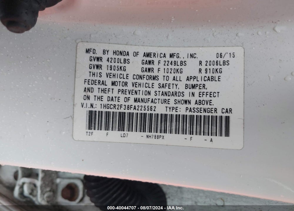 2015 HONDA ACCORD LX VIN: 1HGCR2F38FA225562