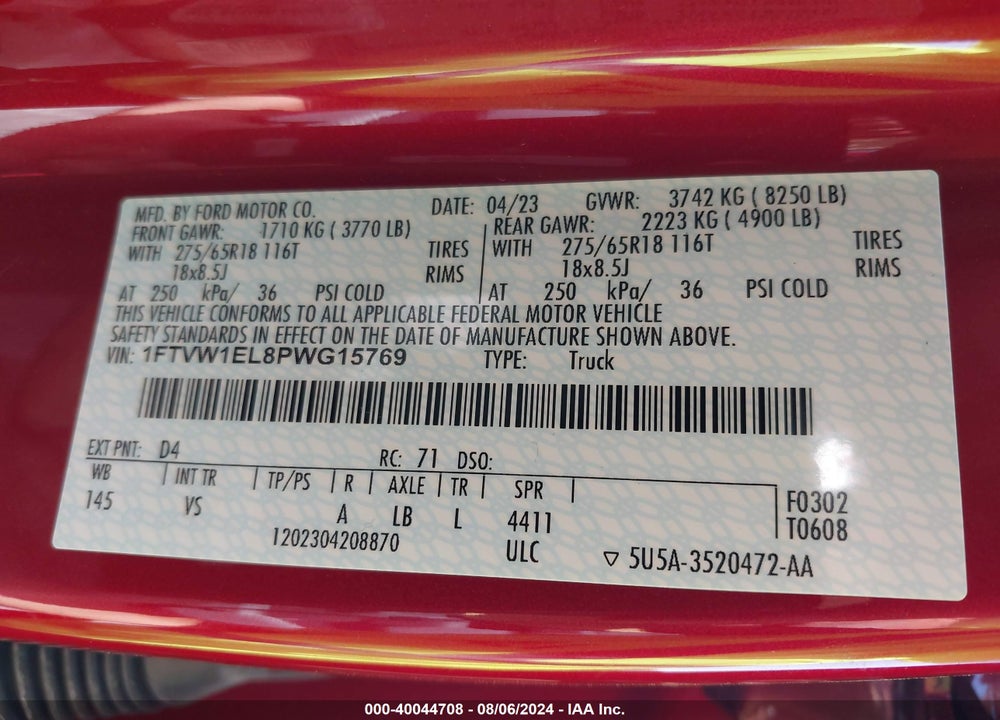 2023 FORD F-150 LIGHTNING PRO VIN: 1FTVW1EL8PWG15769