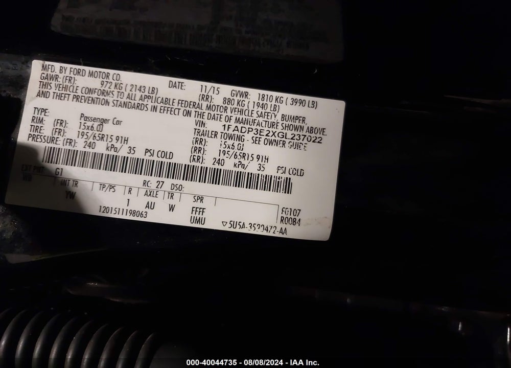 2016 FORD FOCUS S VIN: 1FADP3E2XGL237022