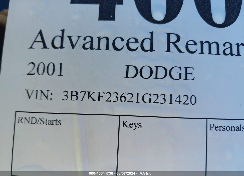 2001 DODGE RAM 2500 ST VIN: 3B7KF23621G231420