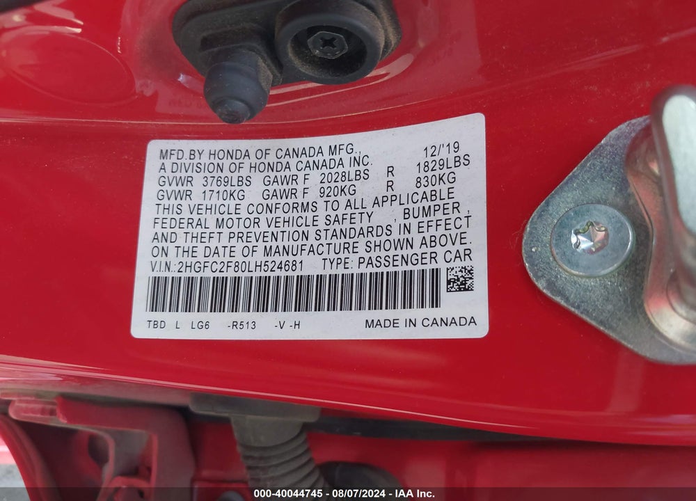 2020 HONDA CIVIC SPORT VIN: 2HGFC2F80LH524681
