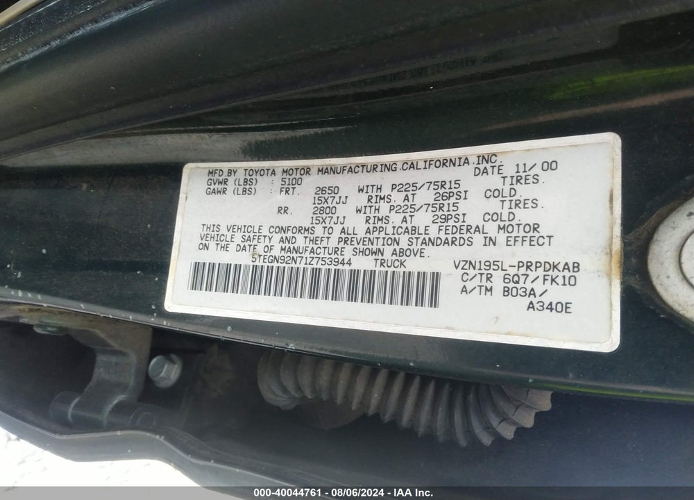 2001 TOYOTA TACOMA PRERUNNER V6 VIN: 5TEGN92N71Z753944