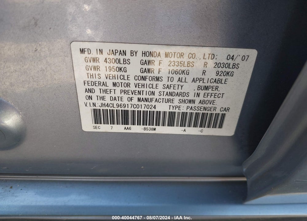 2007 ACURA TSX VIN: JH4CL96917C017024
