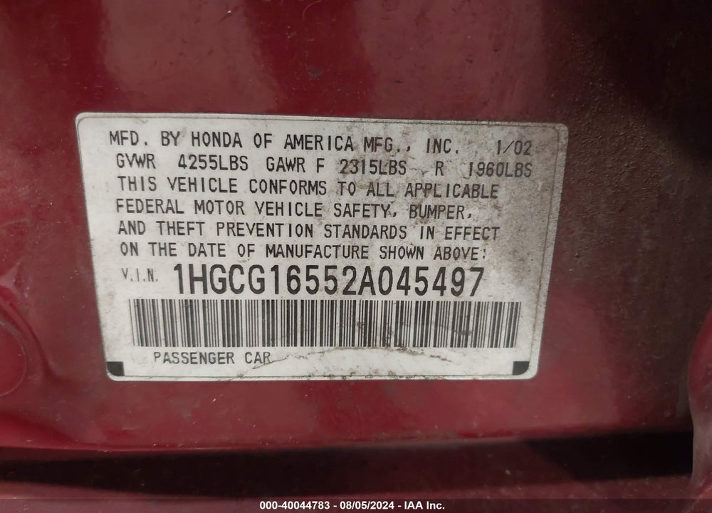 2002 HONDA ACCORD 3.0 EX VIN: 1HGCG16552A045497