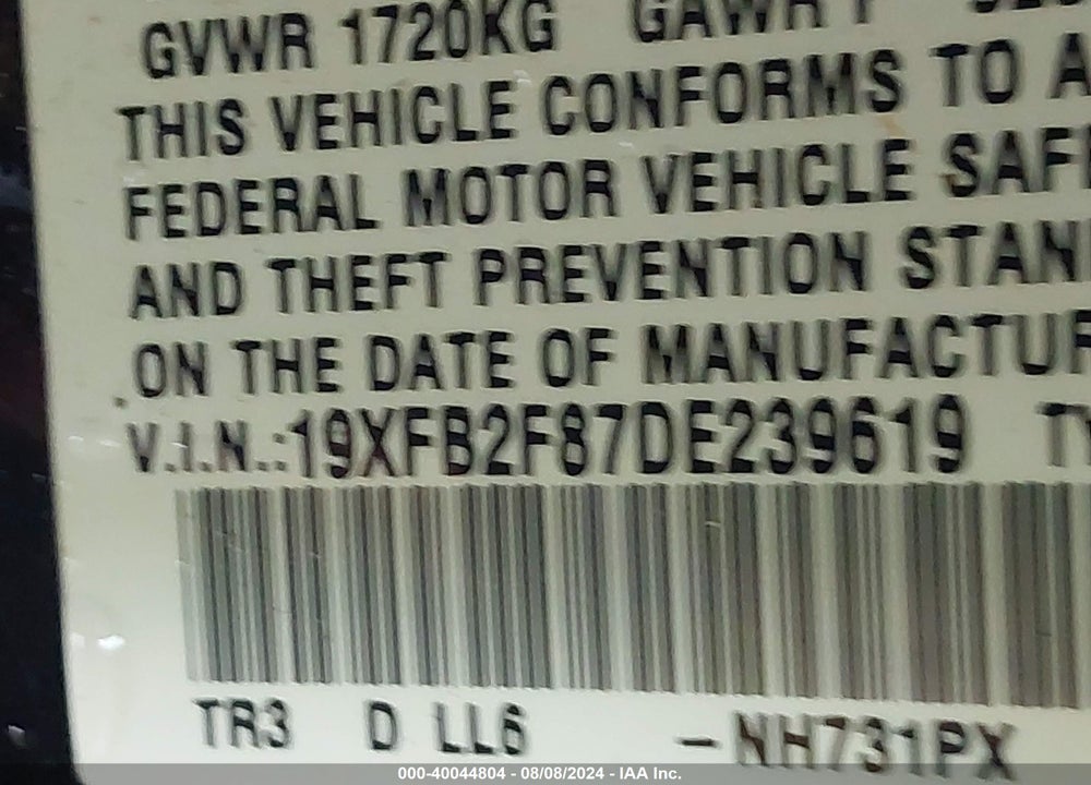 2013 HONDA CIVIC EX VIN: 19XFB2F87DE239619