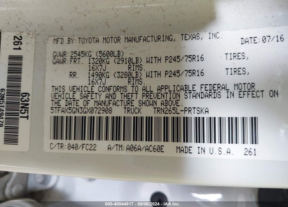 2016 TOYOTA TACOMA SR5 VIN: 5TFAX5GN3GX072908
