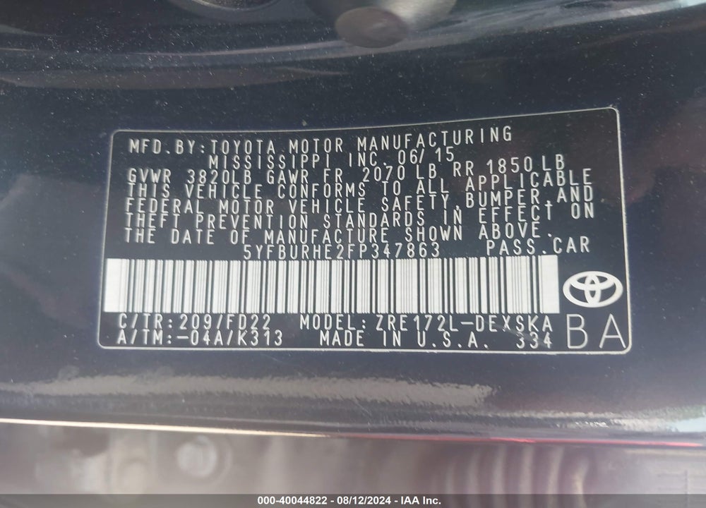2015 TOYOTA COROLLA S PLUS VIN: 5YFBURHE2FP347863