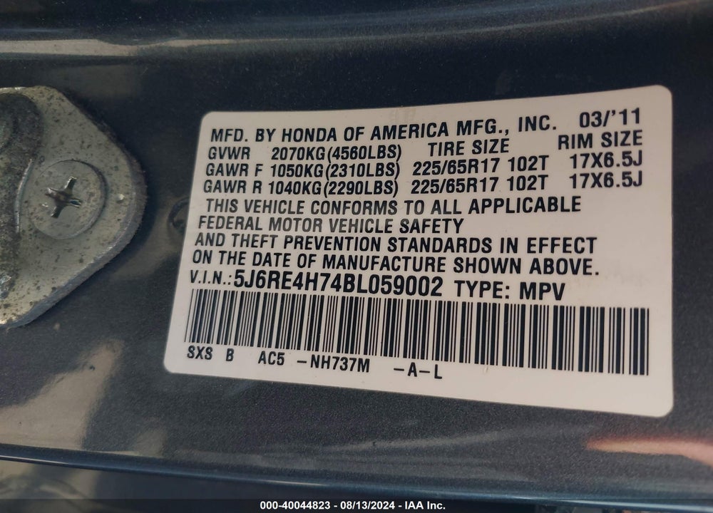 2011 HONDA CR-V EX-L VIN: 5J6RE4H74BL059002