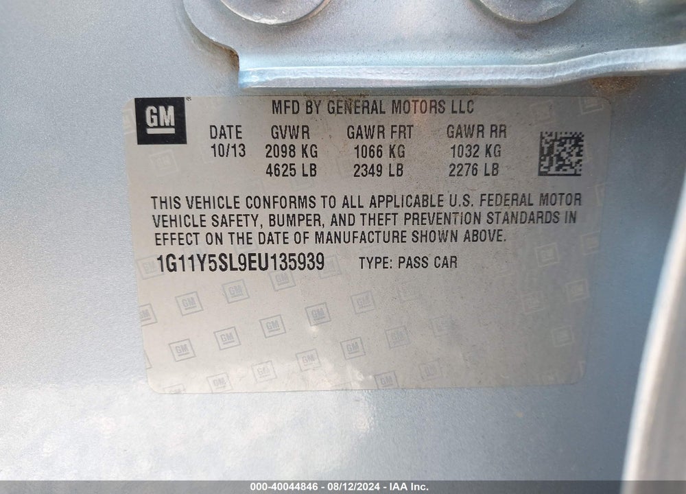 2014 CHEVROLET IMPALA VIN: 1G11Y5SL9EU135939