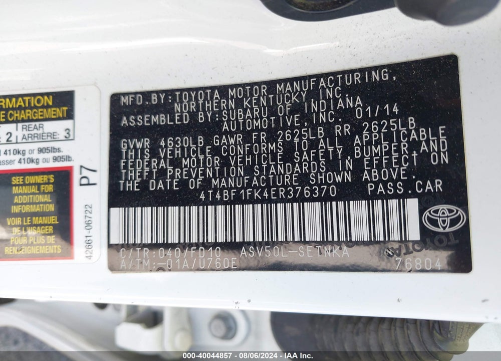 2014 TOYOTA CAMRY LE VIN: 4T4BF1FK4ER376370