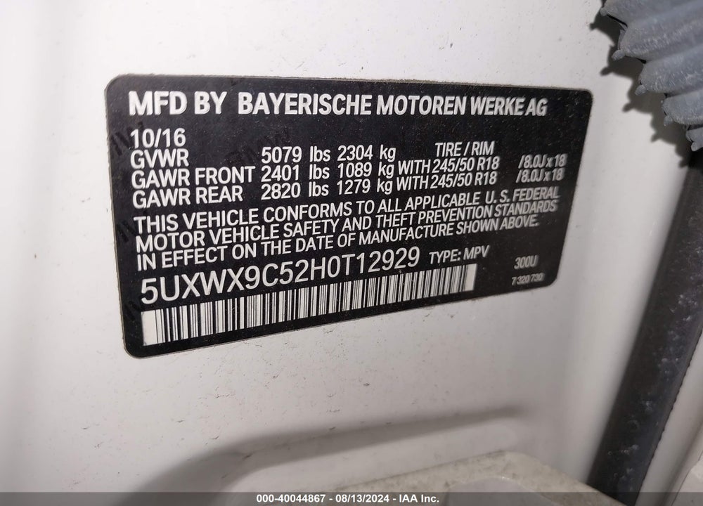 2017 BMW X3 XDRIVE28I VIN: 5UXWX9C52H0T12929