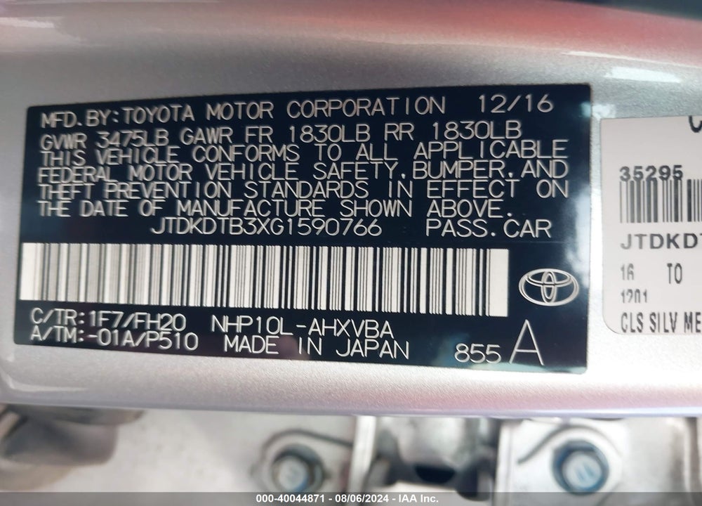 2016 TOYOTA PRIUS C ONE VIN: JTDKDTB3XG1590766
