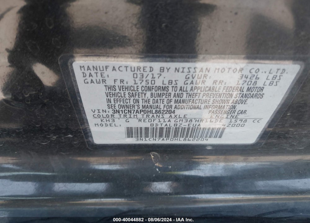 2017 NISSAN VERSA 1.6 SV VIN: 3N1CN7AP0HL862204