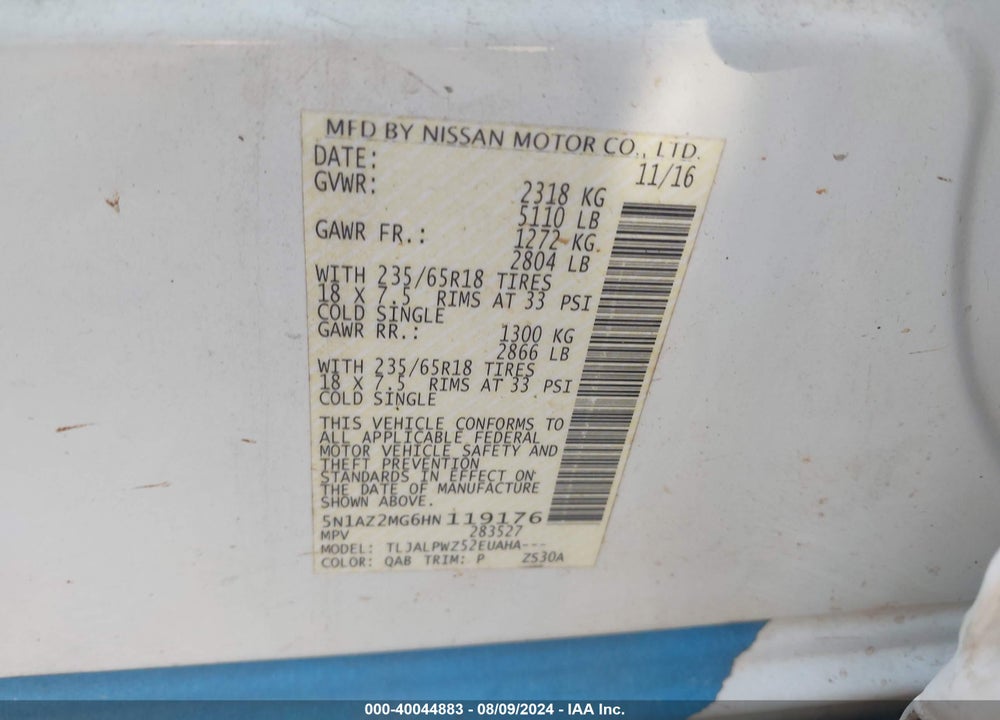 2017 NISSAN MURANO S VIN: 5N1AZ2MG6HN119176