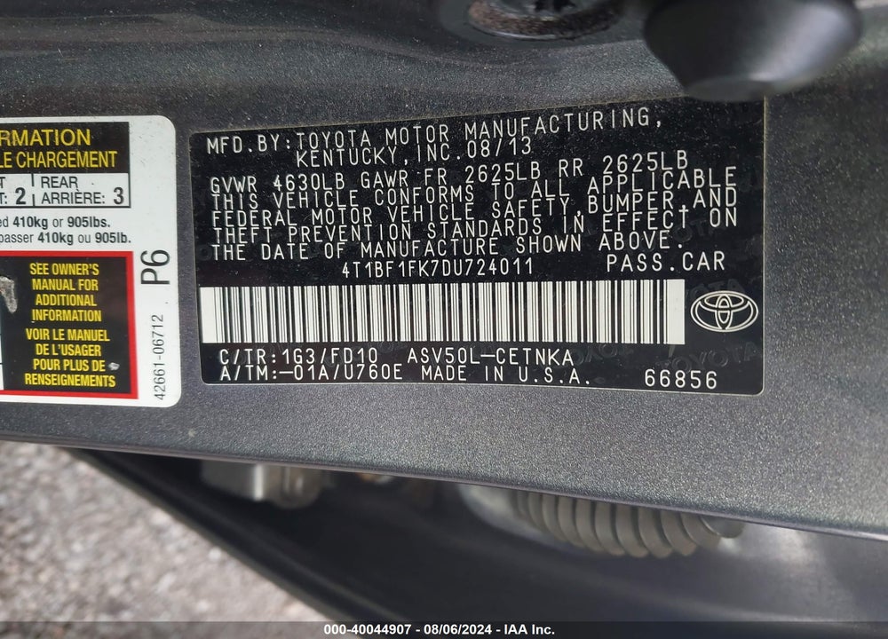 2013 TOYOTA CAMRY LE VIN: 4T1BF1FK7DU724011