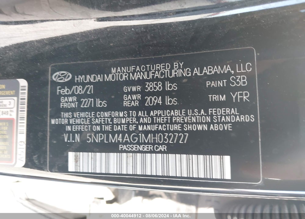 2021 HYUNDAI ELANTRA SEL VIN: 5NPLM4AG1MH032727