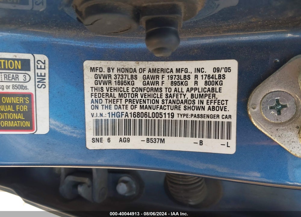 2006 HONDA CIVIC EX VIN: 1HGFA16806L005119