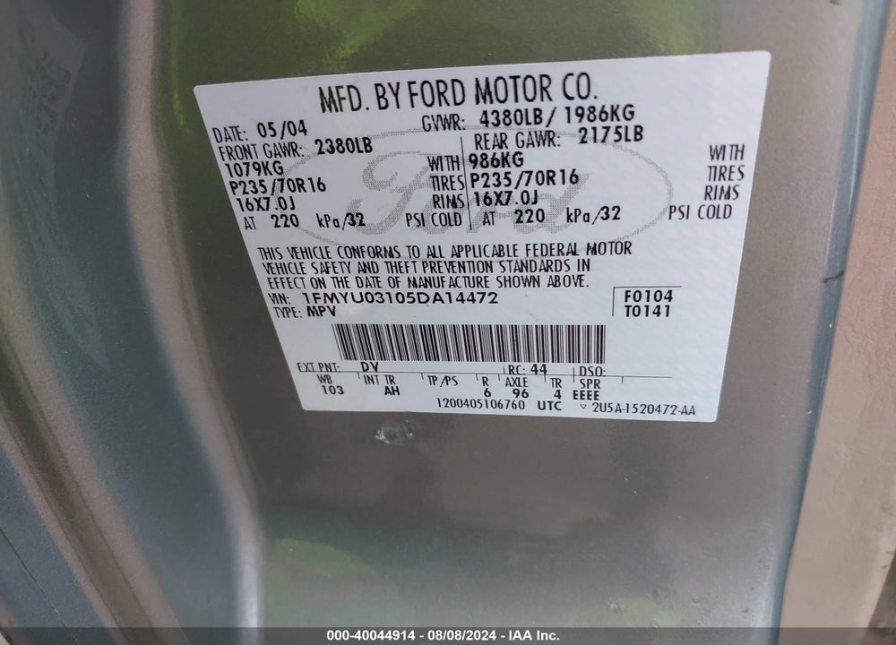 2005 FORD ESCAPE XLT VIN: 1FMYU03105DA14472
