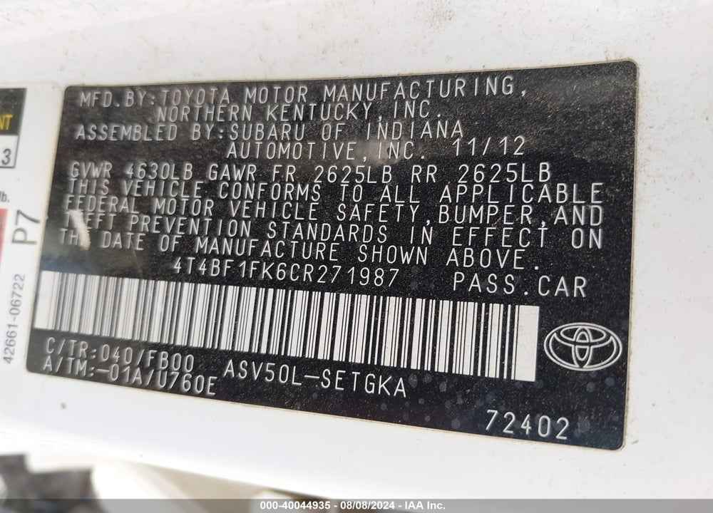 2012 TOYOTA CAMRY VIN: 4T4BF1FK6CR271987