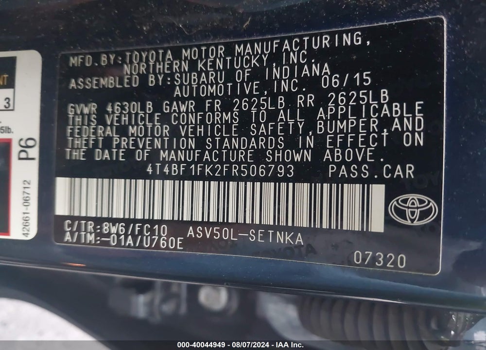 2015 TOYOTA CAMRY LE VIN: 4T4BF1FK2FR506793