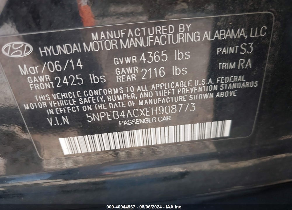2014 HYUNDAI SONATA GLS VIN: 5NPEB4ACXEH908773