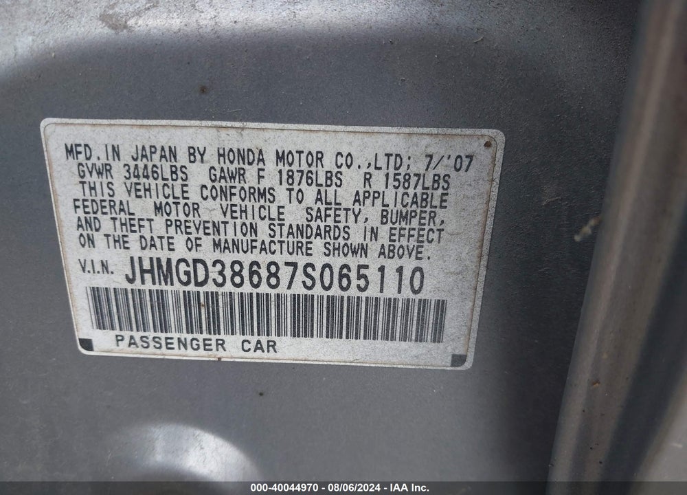 2007 HONDA FIT SPORT VIN: JHMGD38687S065110