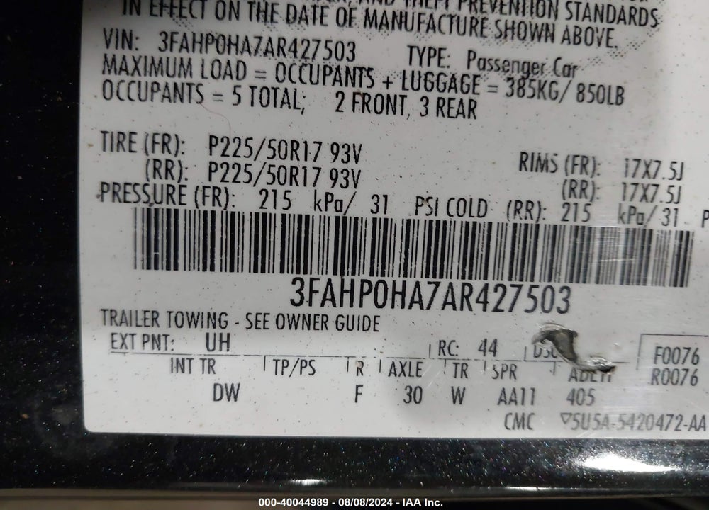2010 FORD FUSION SE VIN: 3FAHP0HA7AR427503