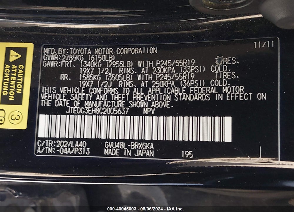 2012 TOYOTA HIGHLANDER HYBRID LIMITED V6 VIN: JTEDC3EH8C2005637