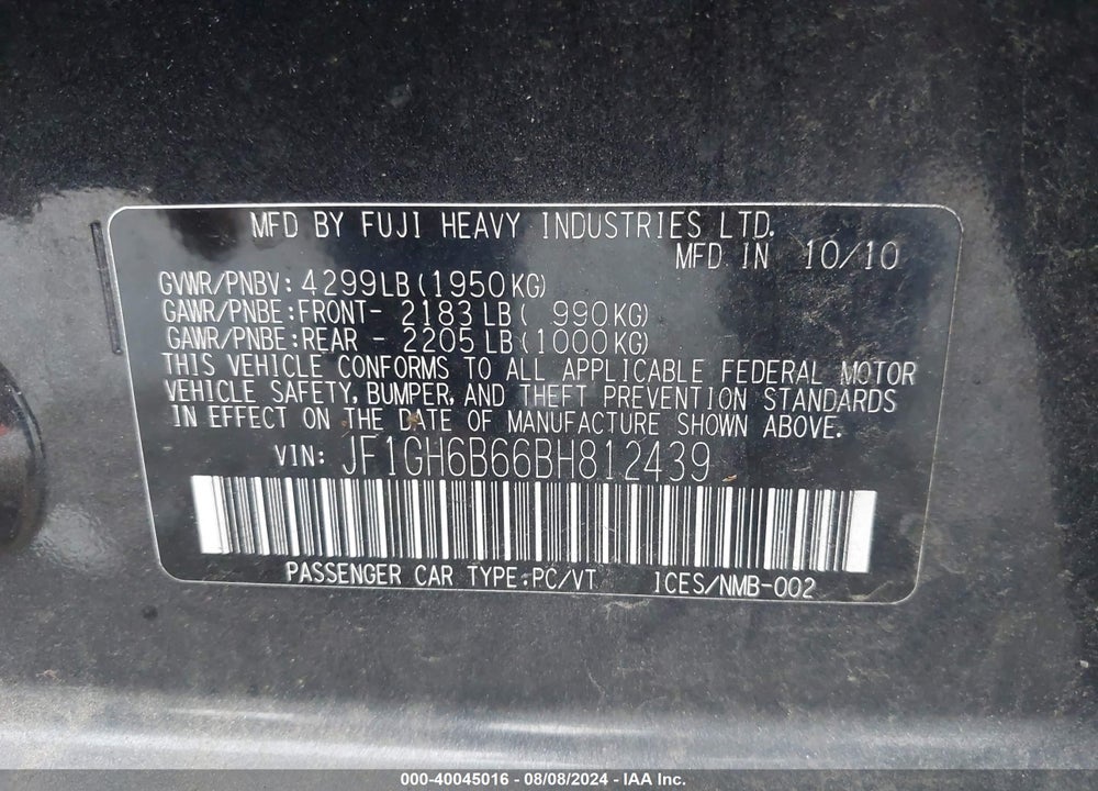 2011 SUBARU IMPREZA 2.5I PREMIUM VIN: JF1GH6B66BH812439
